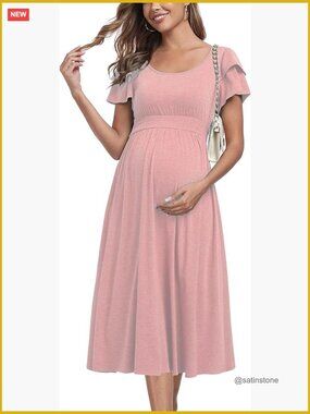 Ruffle Short Sleeve Maternity Dress High Waisted Midi Baby Shower
